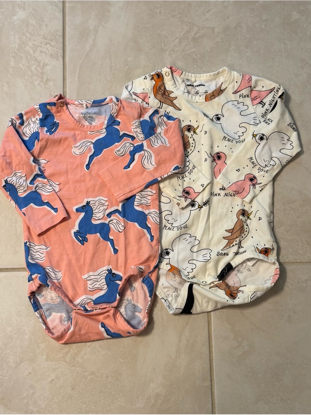 Mini Rodini RARE Pink Horses & Cream Birdwatching Longsleeve Bodysuit Set